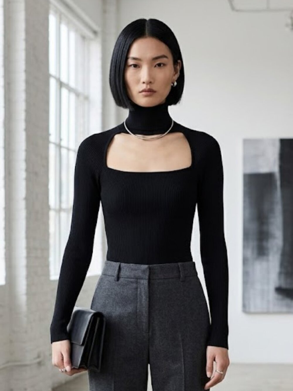 Zara Black Ribbed Cutout Turtleneck Long Sleeve Top